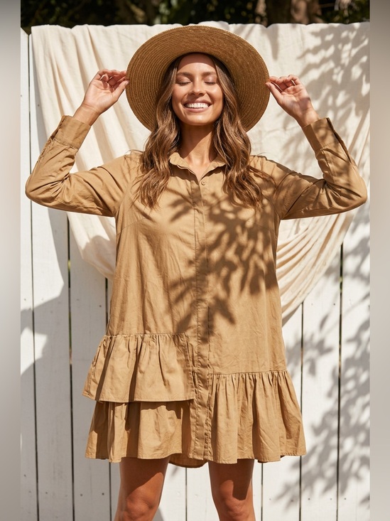 Blanco de Ibiza Dresses & Skirts - Blanco de Ibiza Buttoned down Ruffles Tan Long Sleeve Dress